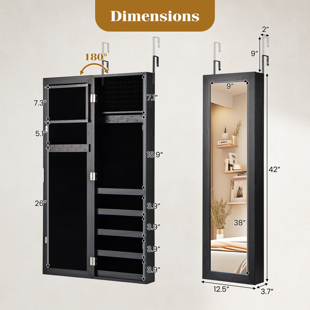 Jewelry Armoire Wall or Door Mounted with Full-Length Mirror, Black