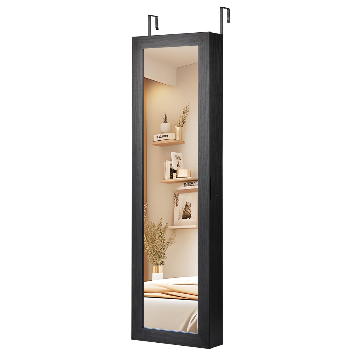 Jewelry Armoire Wall or Door Mounted with Full-Length Mirror, Black