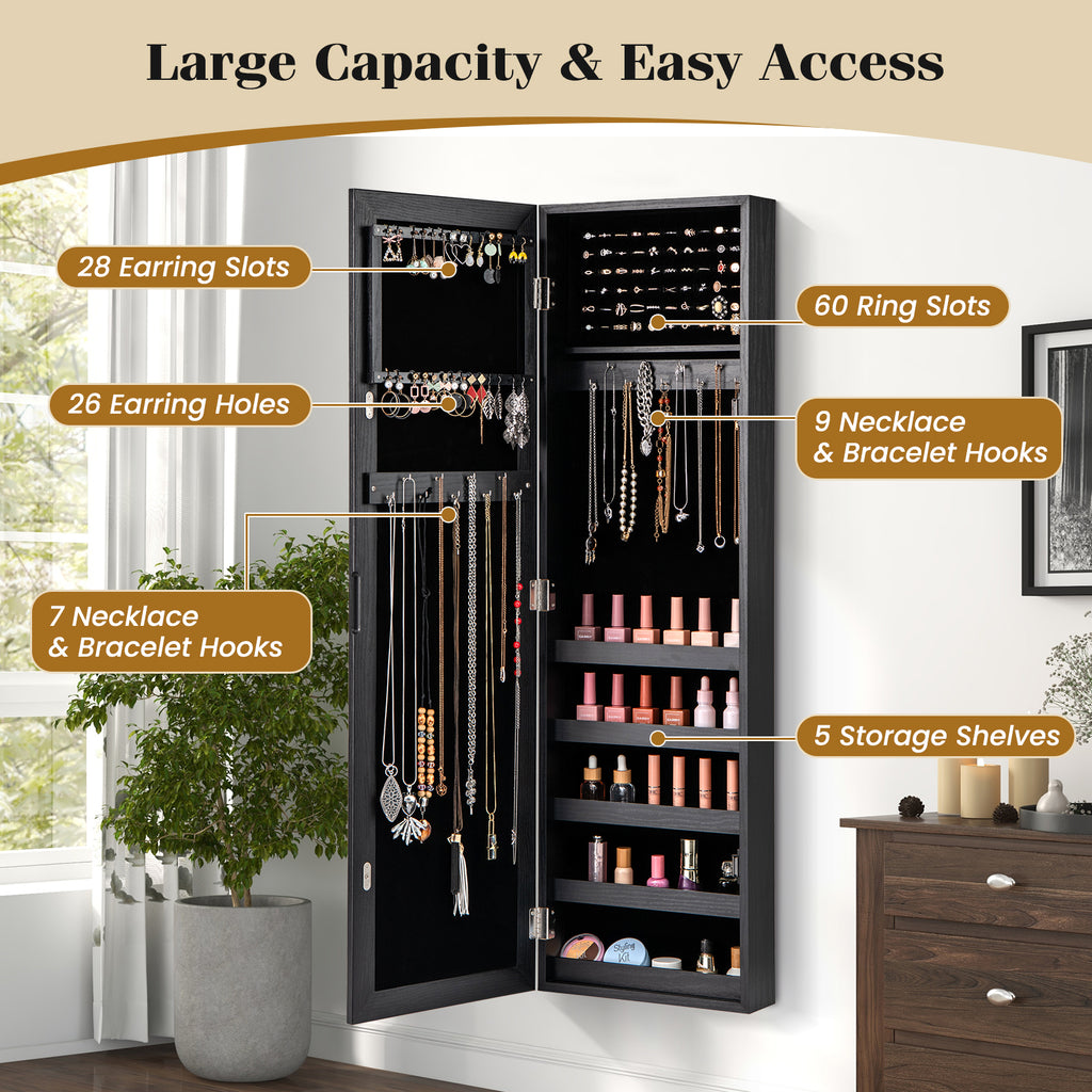Jewelry Armoire Wall or Door Mounted with Full-Length Mirror, Black