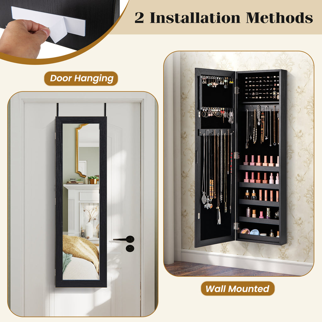 Jewelry Armoire Wall or Door Mounted with Full-Length Mirror, Black