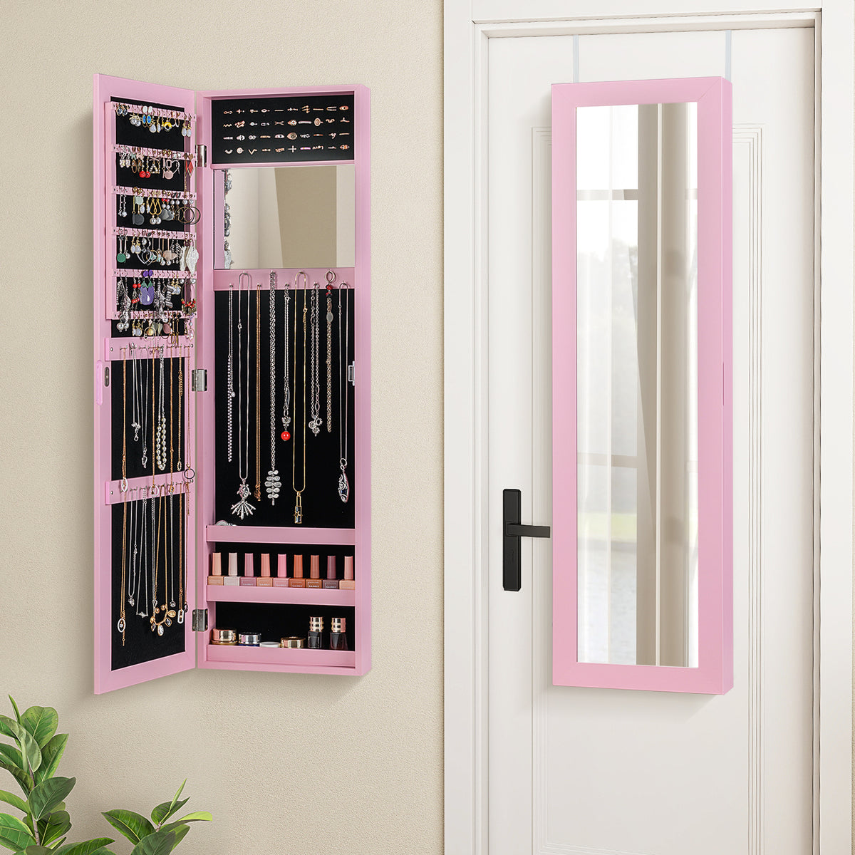 Wall-Mounted Jewelry Armoire with Mirror - Rustic Brown