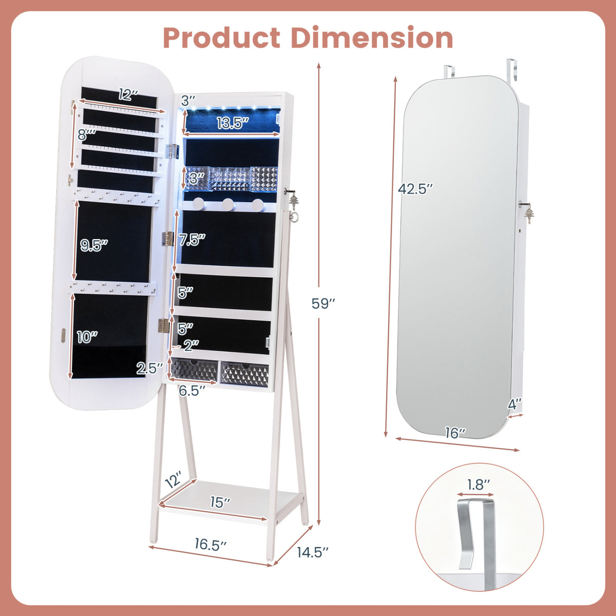 Jewelry Cabinet with Full-Length Mirror - White