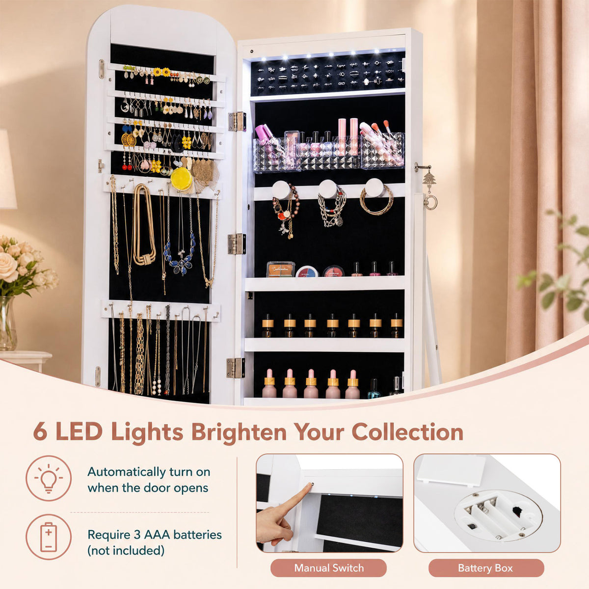 Jewelry Cabinet with Full-Length Mirror - White