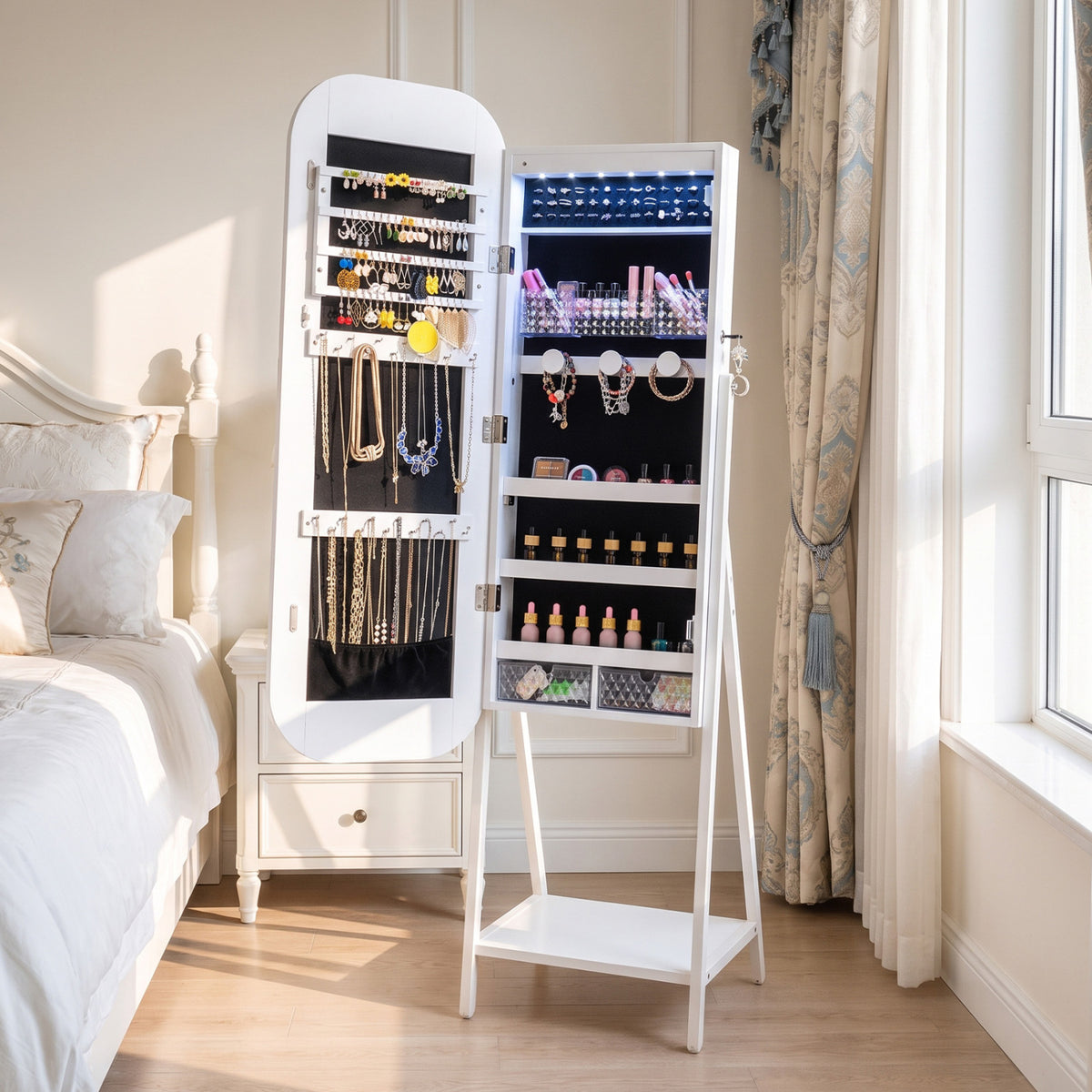 Jewelry Cabinet with Full-Length Mirror - White