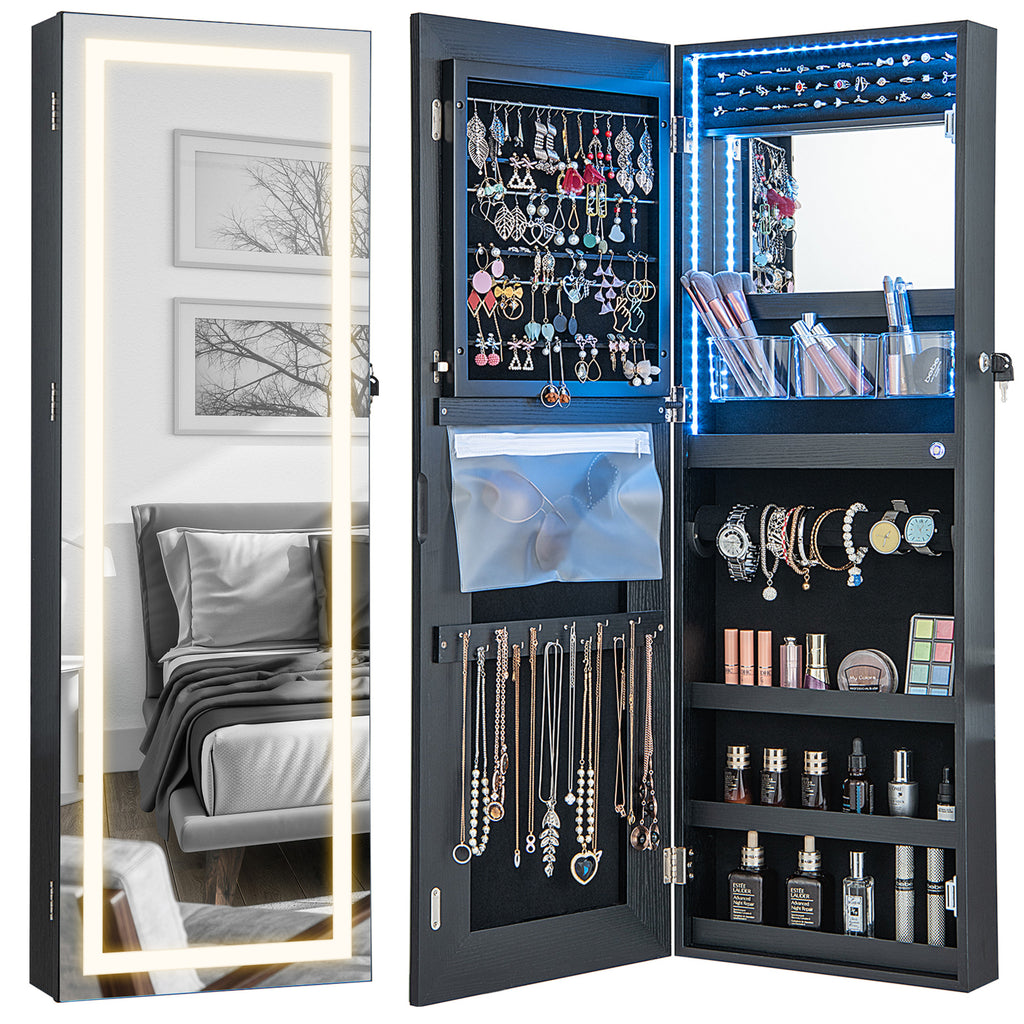 42.5" Lockable Jewelry Mirror Cabinet with LED Lights - Black