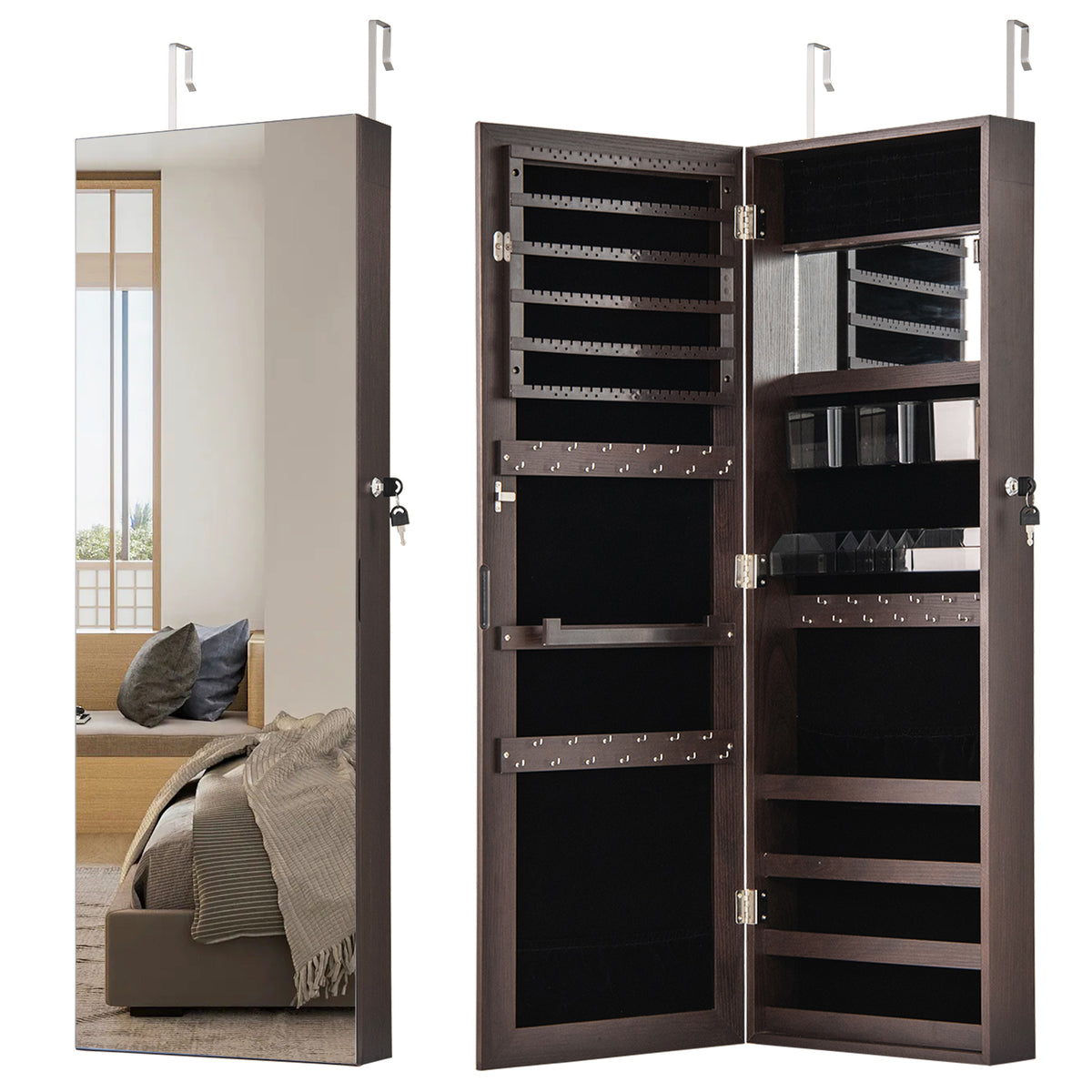 Mirrored Jewelry Armoire with LED Lights - Style 2, Black