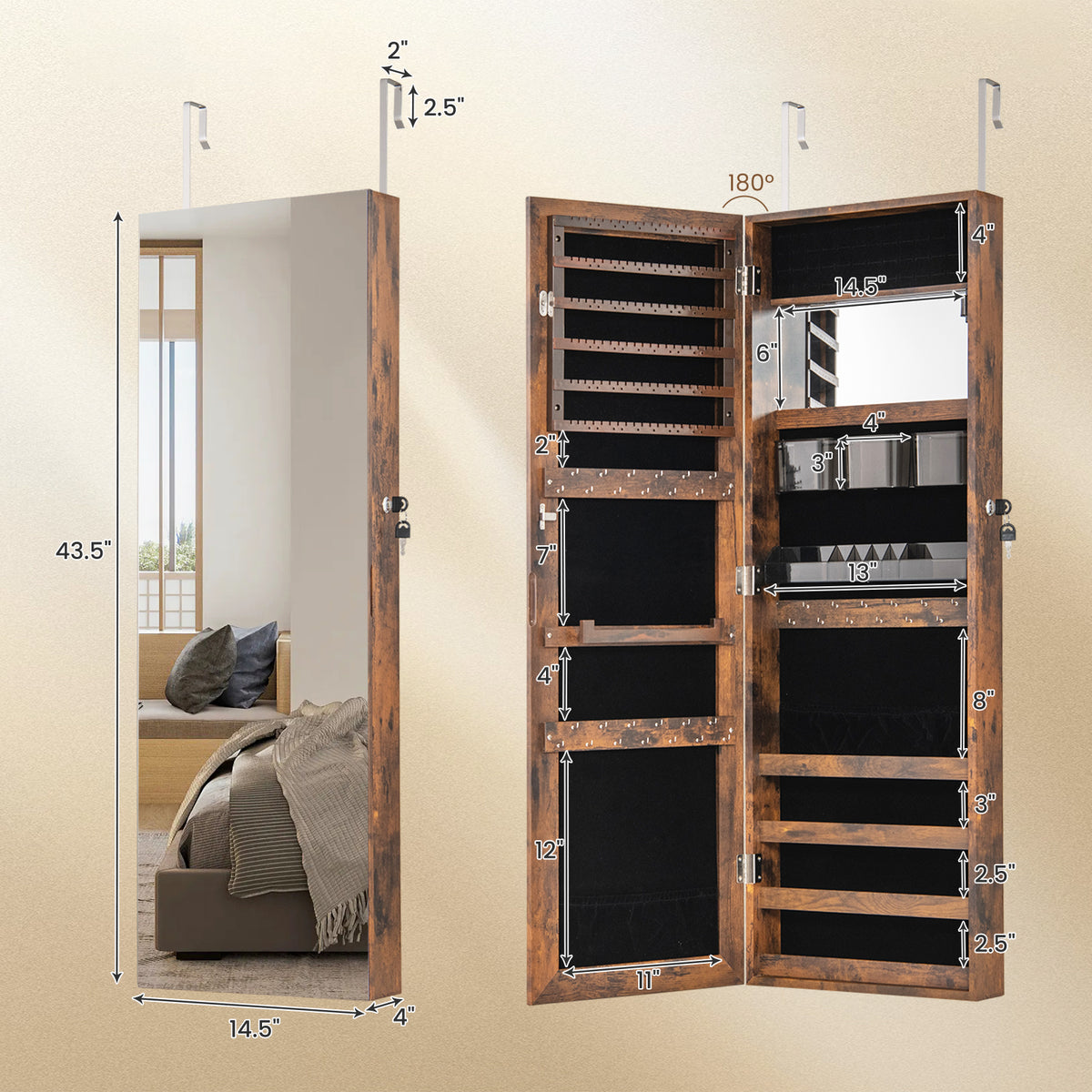 43.5" Jewelry Mirror Cabinet with Full-Length Mirror - Rustic Brown