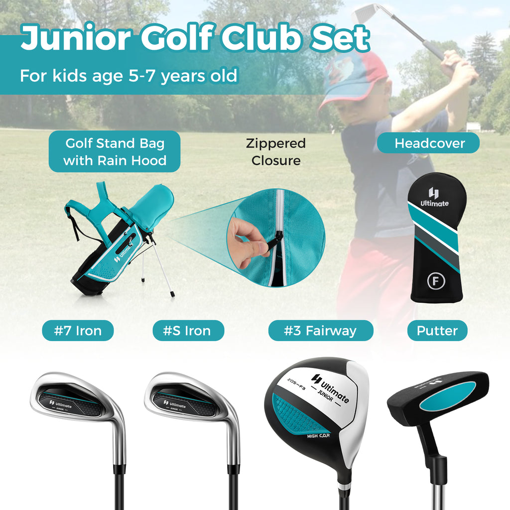 Kids Golf Club Set for Ages 5-7 - Right Hand with Rain Hood & Stand Bag - Blue