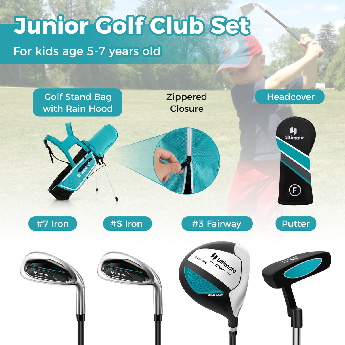 Kids Golf Club Set for Ages 5-7 - Right Hand with Rain Hood & Stand Bag - Blue