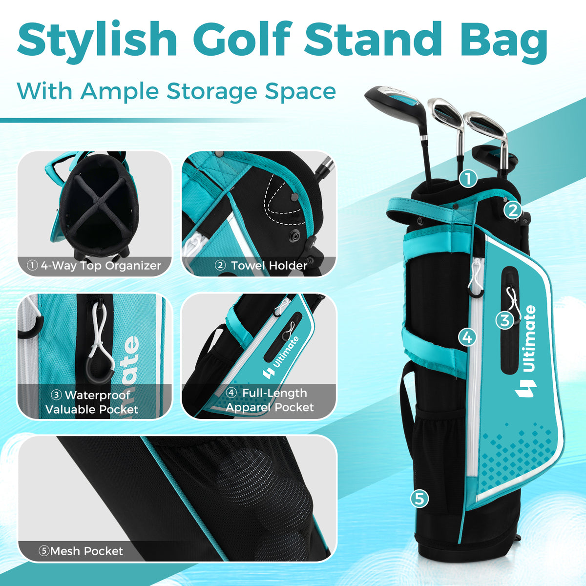Kids Golf Club Set for Ages 5-7 - Right Hand with Rain Hood & Stand Bag - Blue