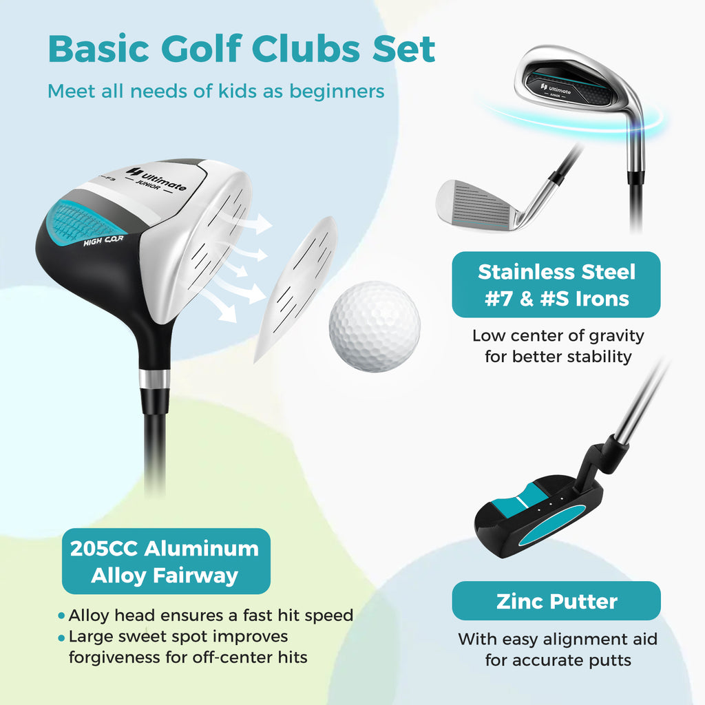 Kids Golf Club Set for Ages 5-7 - Right Hand with Rain Hood & Stand Bag - Blue
