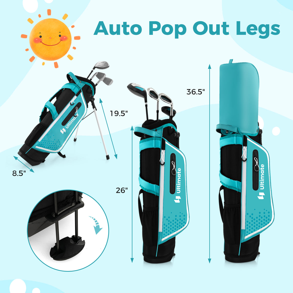Kids Golf Club Set for 8-10 Years Old with Rain Hood - Blue, Complete Junior Golf Set by Costway