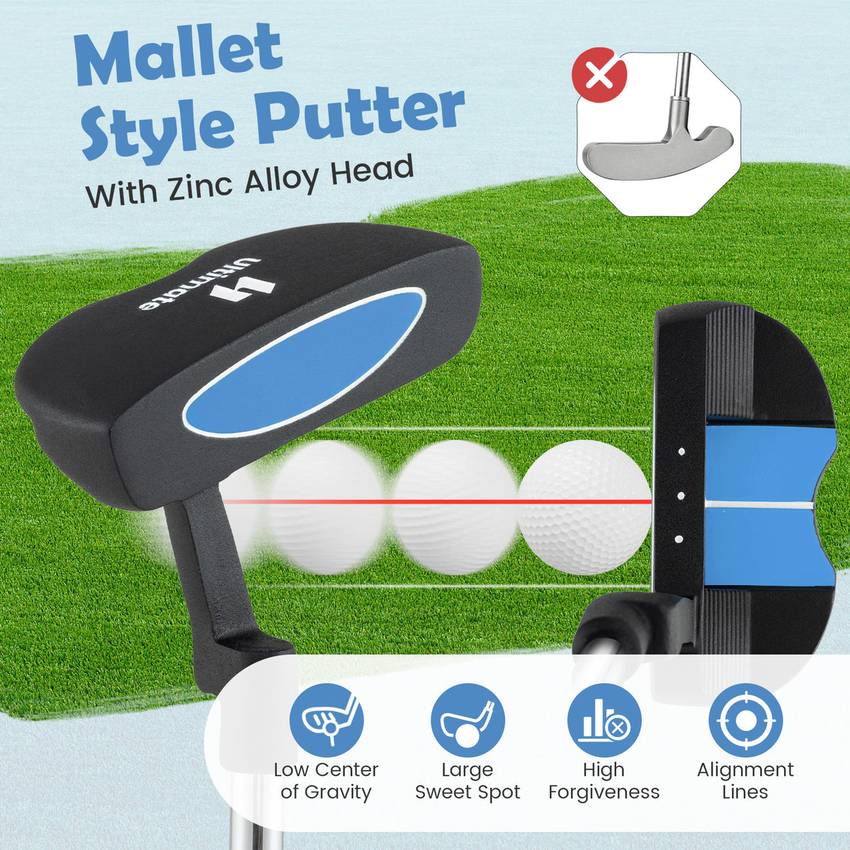 Kids Golf Putter for Ages 11-14 Blue - Lightweight Mallet with Alignment Aid