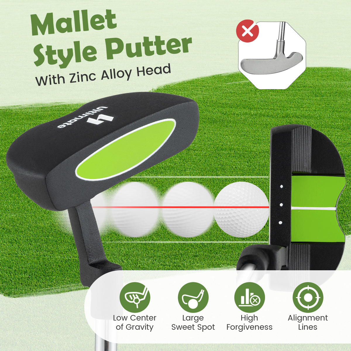 Kids Golf Putter for 8-10 Years Old - Green Mallet Club with Headcover