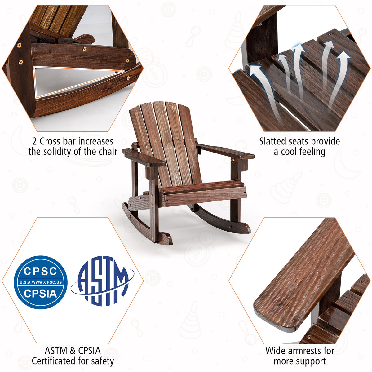 Outdoor Kid Adirondack Rocking Chair with Slatted Seat - Coffee Variation