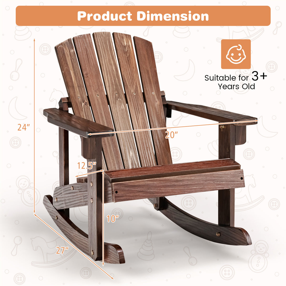 Outdoor Kid Adirondack Rocking Chair with Slatted Seat - Coffee Variation