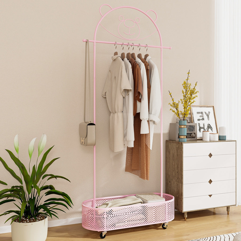 Kids Clothes Rack with 3 Adjustable Heights & Lockable Wheels - Pink