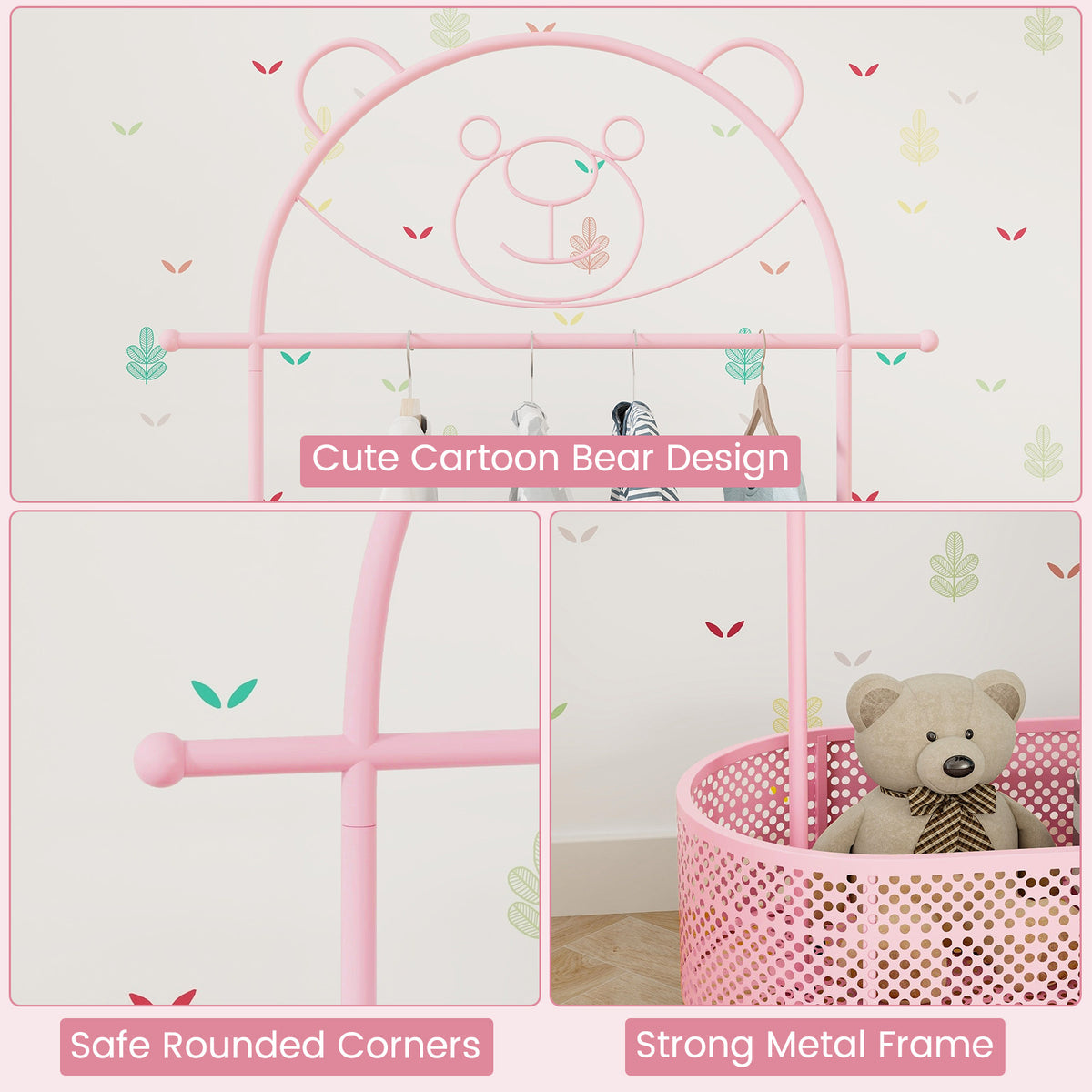 Kids Clothes Rack with 3 Adjustable Heights & Lockable Wheels - Pink