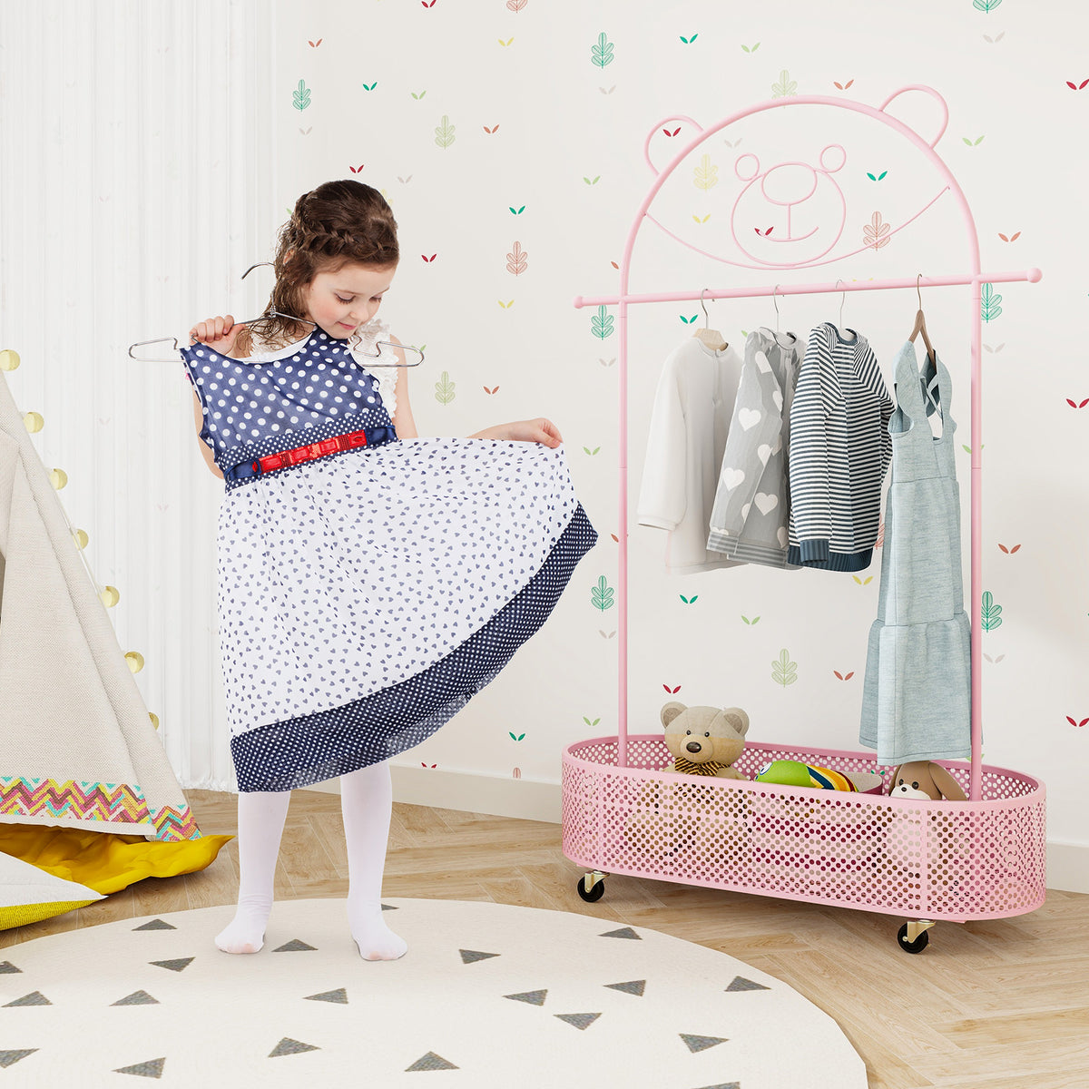 Kids Clothes Rack with 3 Adjustable Heights & Lockable Wheels - Pink