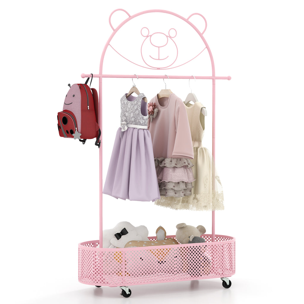 Kids Clothes Rack with 3 Adjustable Heights & Lockable Wheels - Pink