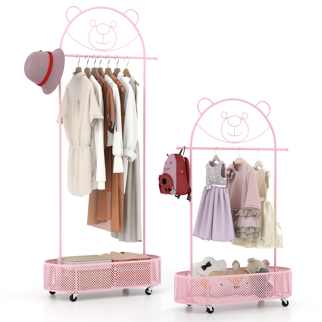 Kids Clothes Rack with 3 Adjustable Heights & Lockable Wheels - Pink