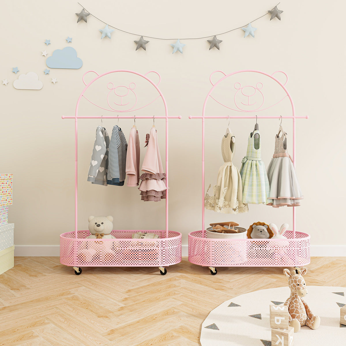 Kids Clothes Rack with 3 Adjustable Heights & Lockable Wheels - Pink
