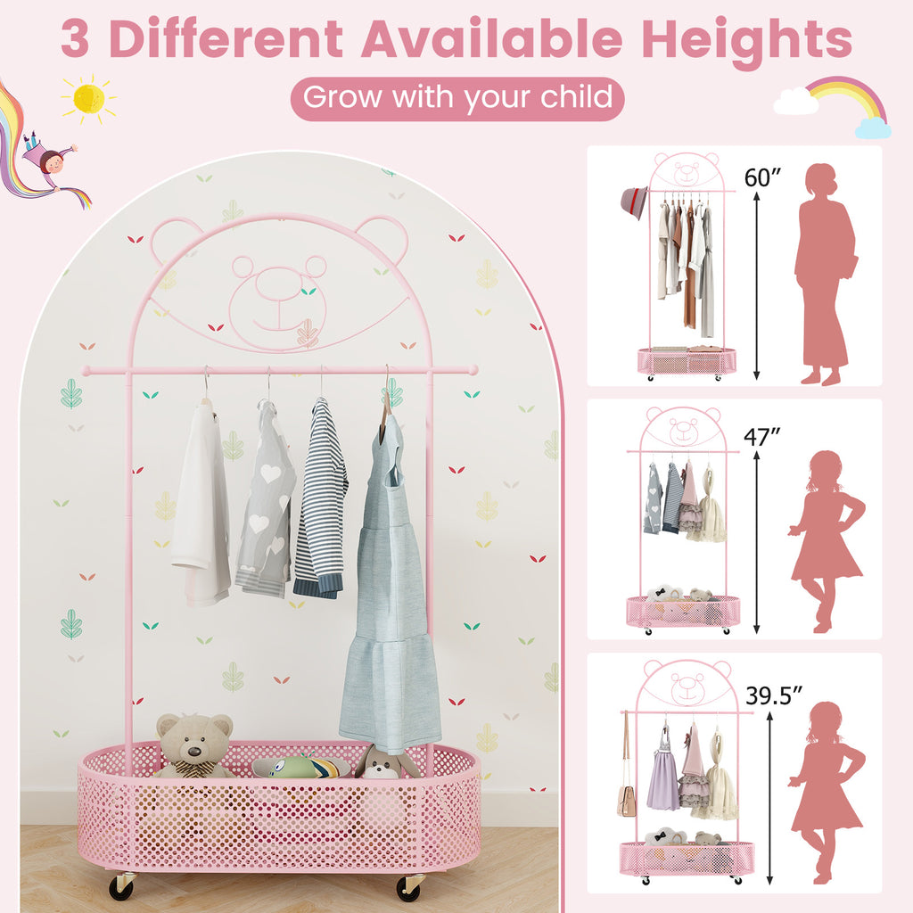Kids Clothes Rack with 3 Adjustable Heights & Lockable Wheels - Pink