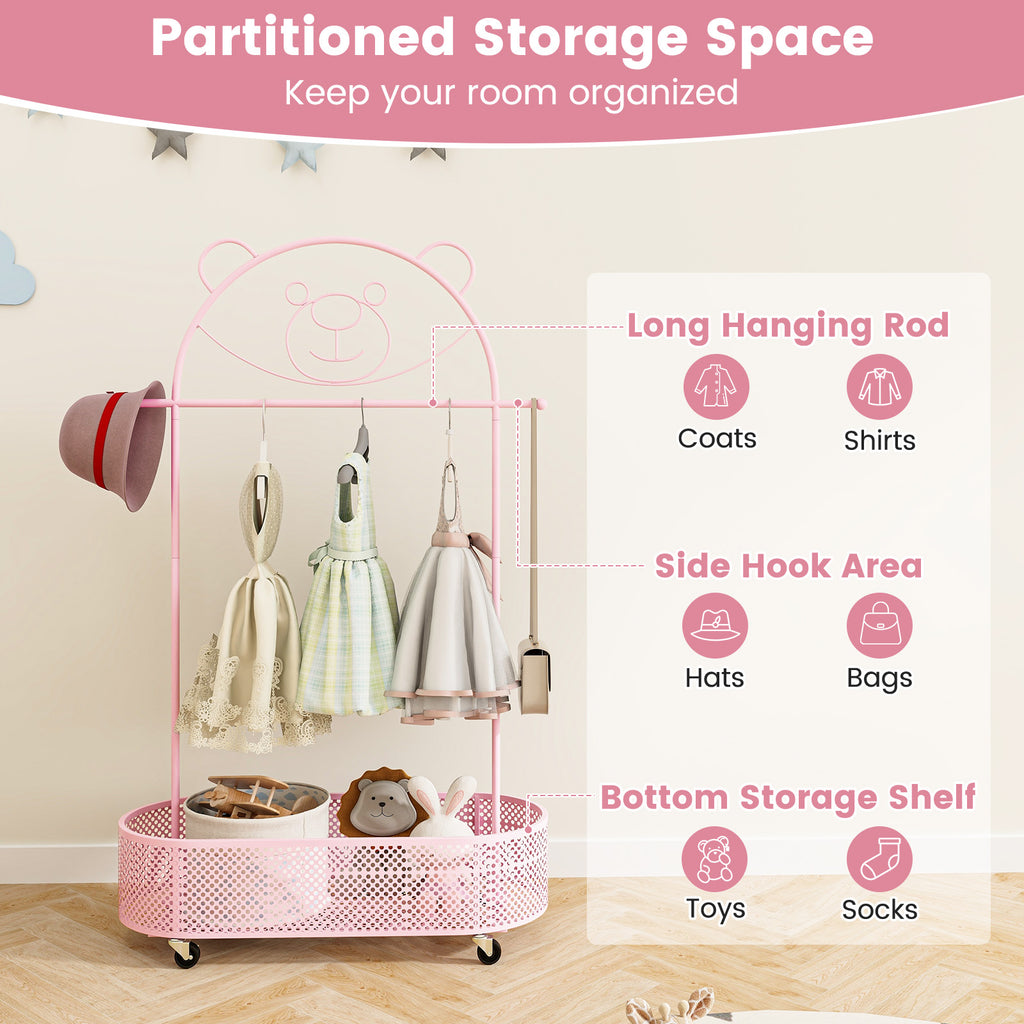 Kids Clothes Rack with 3 Adjustable Heights & Lockable Wheels - Pink