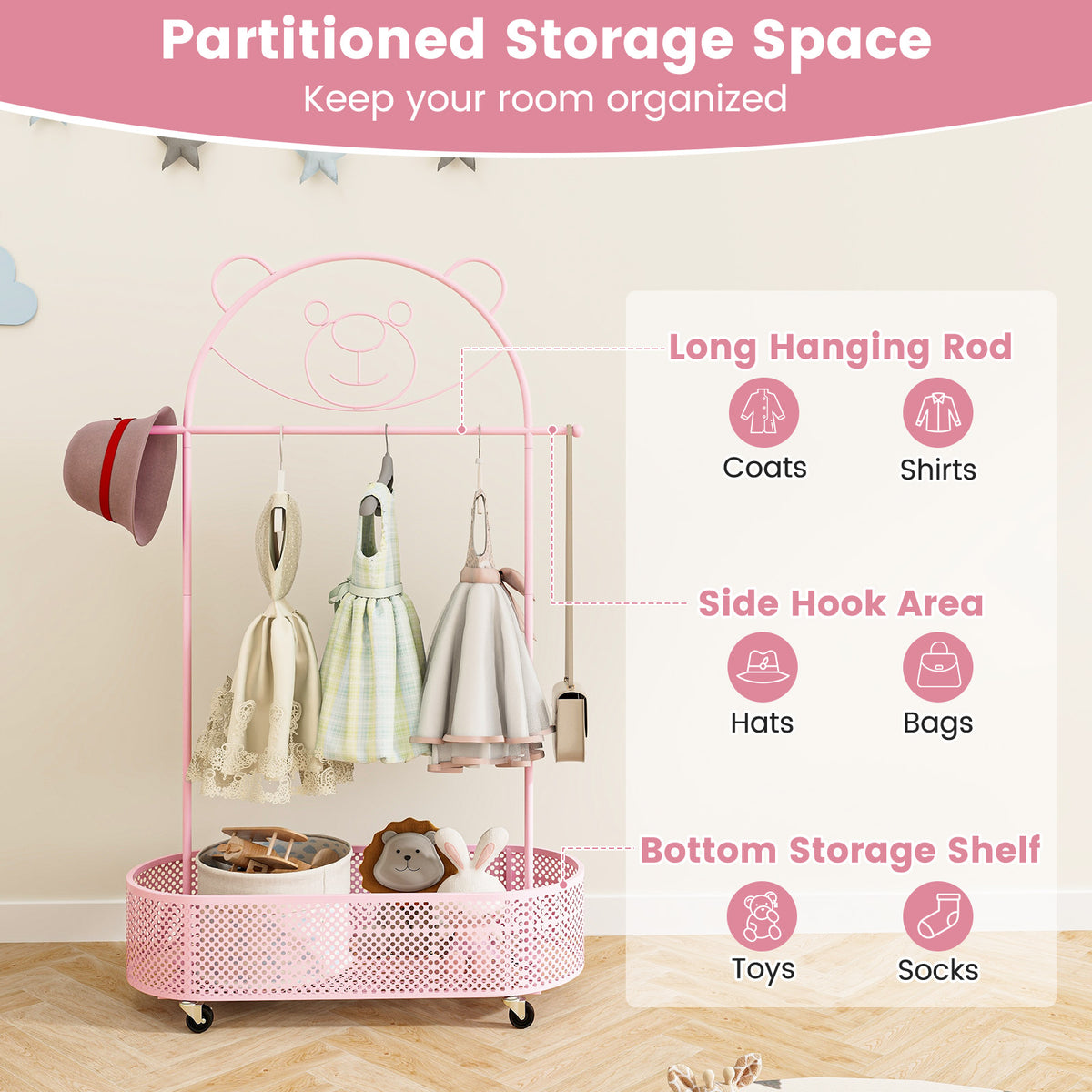 Kids Clothes Rack with 3 Adjustable Heights & Lockable Wheels - Pink