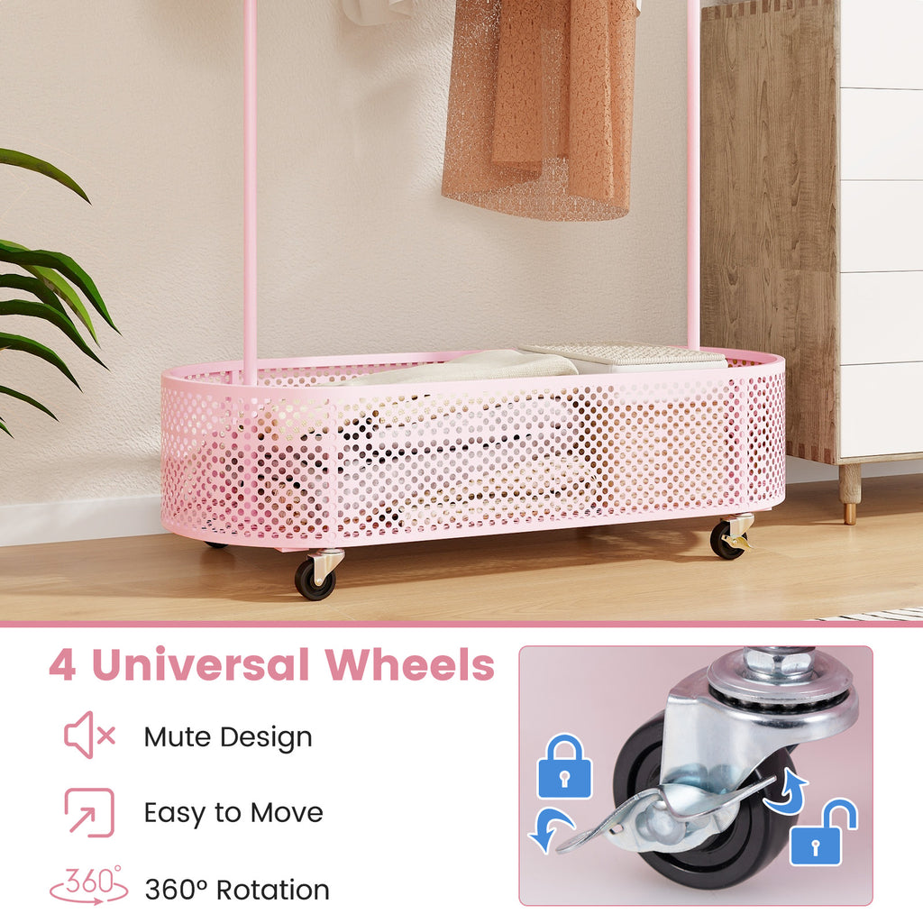 Kids Clothes Rack with 3 Adjustable Heights & Lockable Wheels - Pink