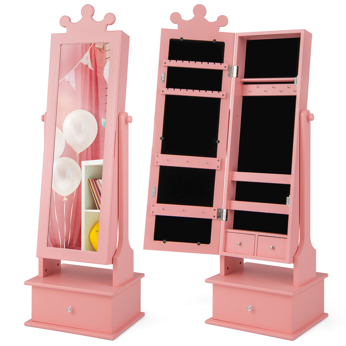 Kids Jewelry Armoire with Mirror & Drawers - Pink Crown & Drawers Variation