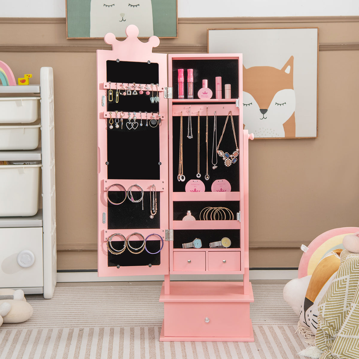 Kids Jewelry Armoire with Mirror & Drawers - Pink Crown & Drawers Variation