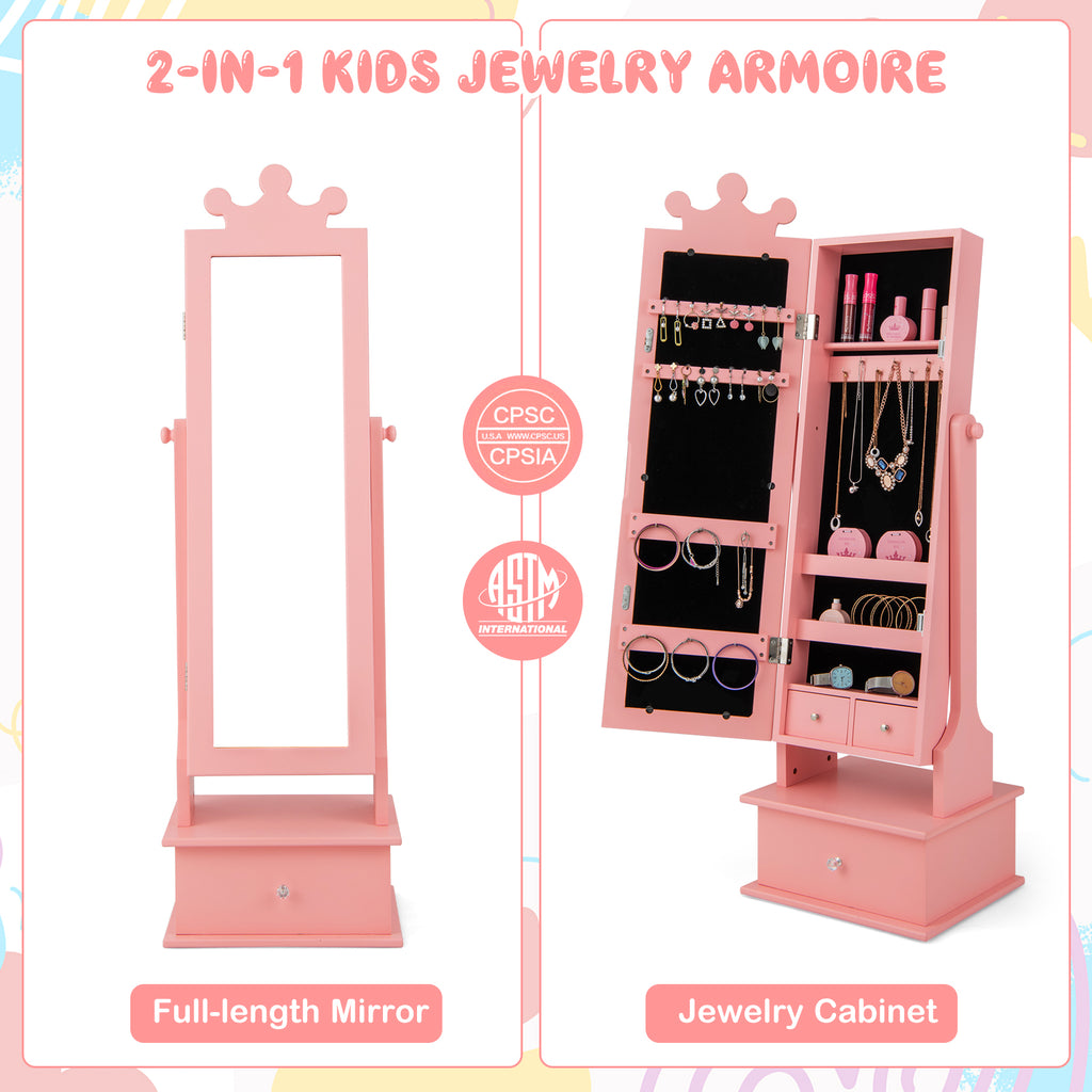 Kids Jewelry Armoire with Mirror & Drawers - Pink Crown & Drawers Variation