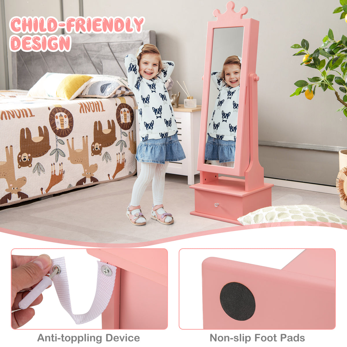 Kids Jewelry Armoire with Mirror & Drawers - Pink Crown & Drawers Variation