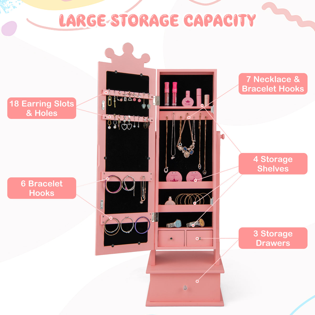 Kids Jewelry Armoire with Mirror & Drawers - Pink Crown & Drawers Variation