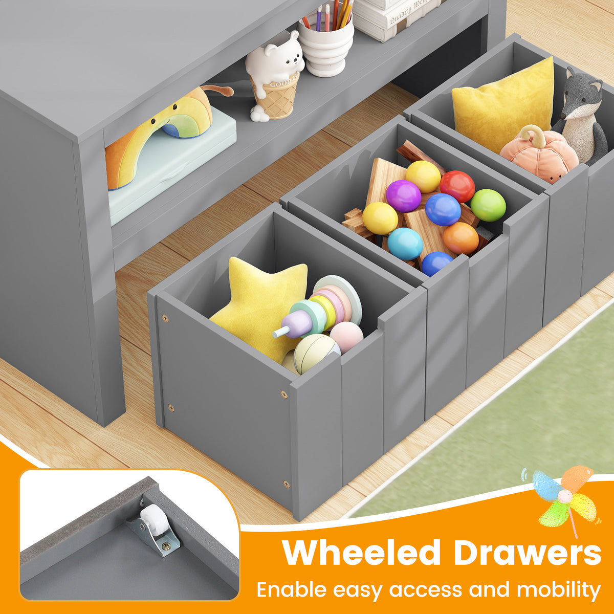 Kid Toy Storage Cabinet with 3 Drawers on Wheels - Gray Variation