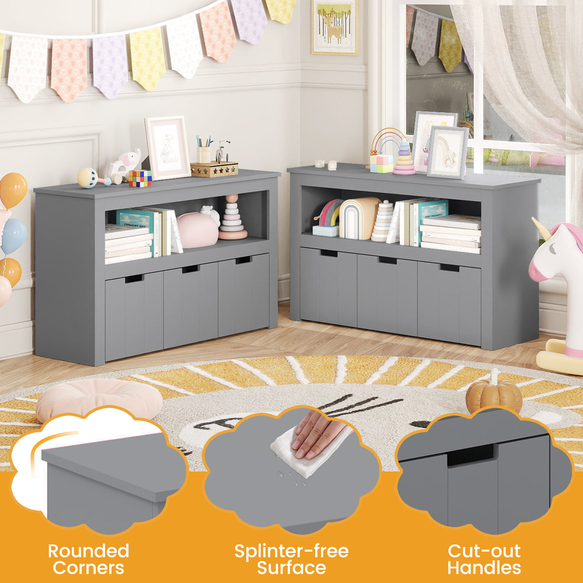 Kid Toy Storage Cabinet with 3 Drawers on Wheels - Gray Variation