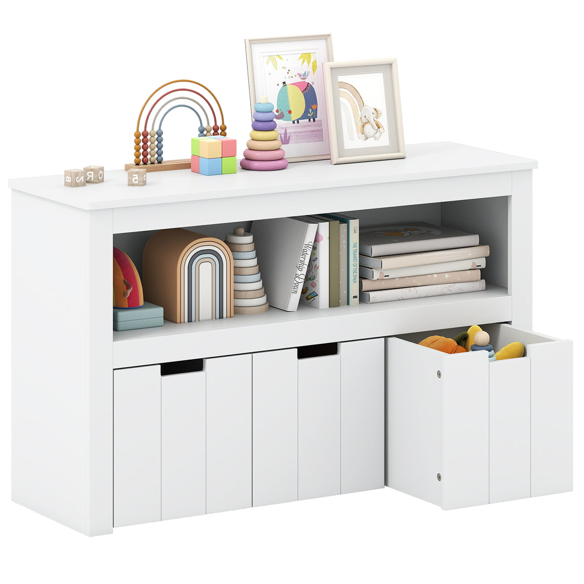 Kids Toy Storage Cabinet with 3 Movable Drawers and Large Storage Cube - White, Wheels Included