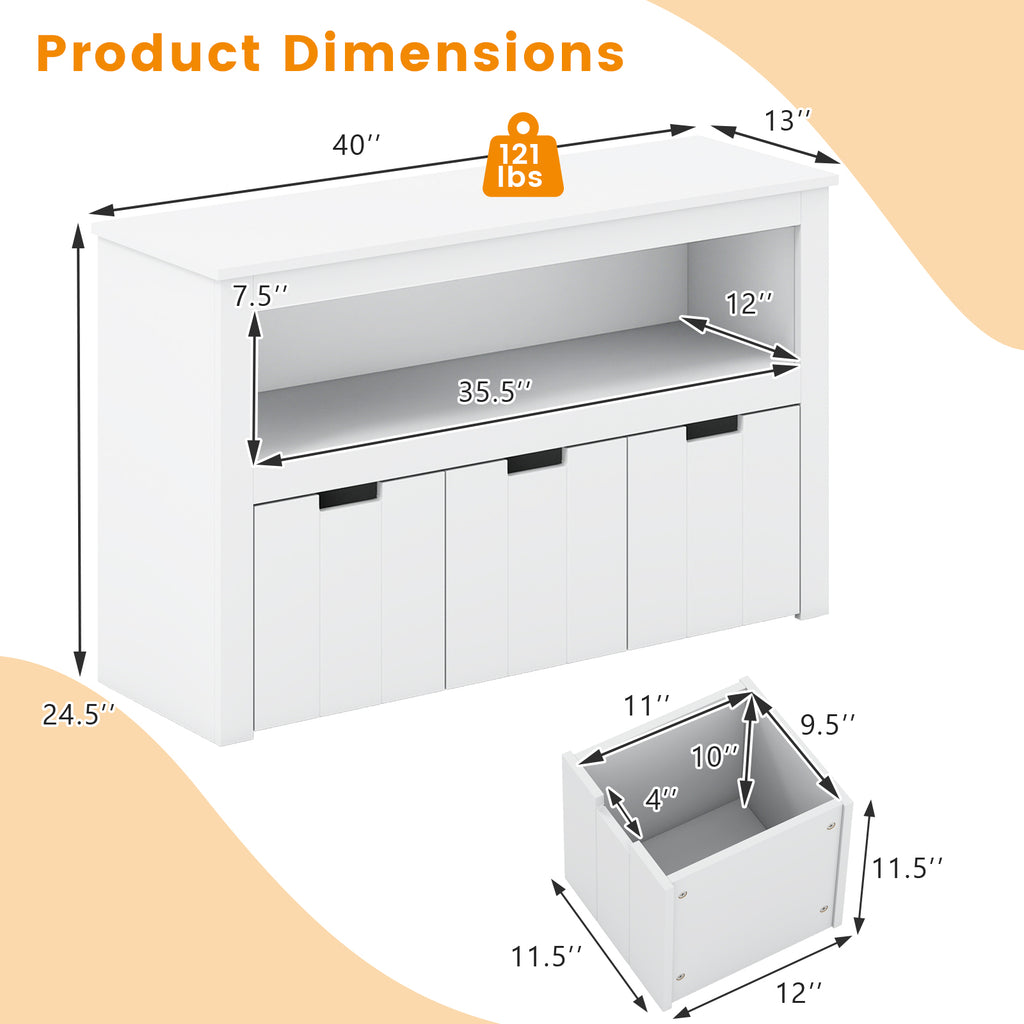 Kids Toy Storage Cabinet with 3 Movable Drawers and Large Storage Cube - White, Wheels Included