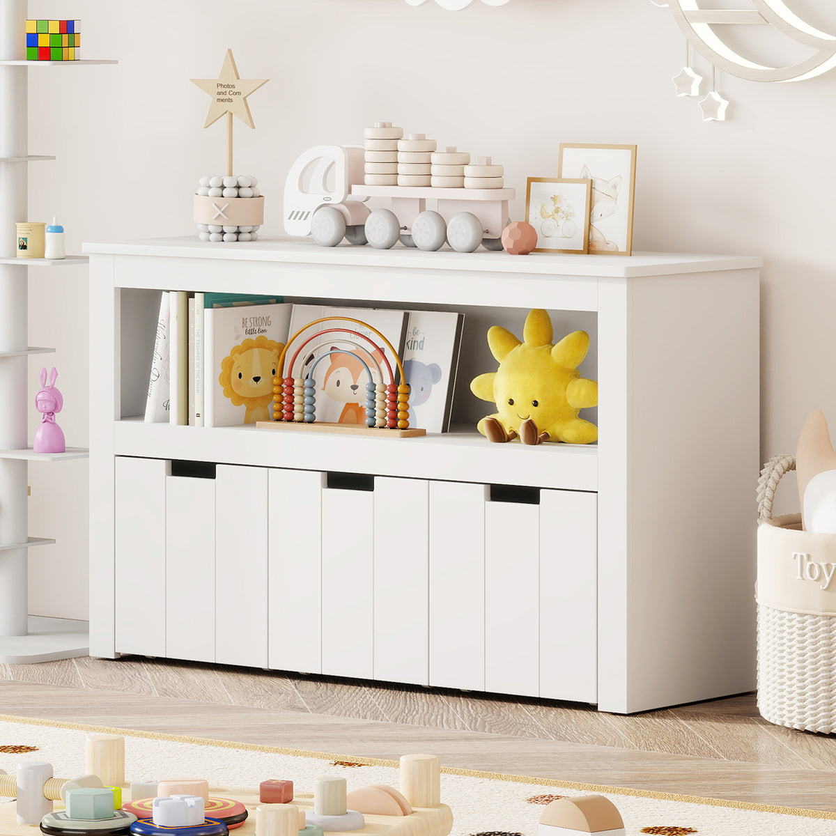 Kids Toy Storage Cabinet with 3 Movable Drawers and Large Storage Cube - White, Wheels Included