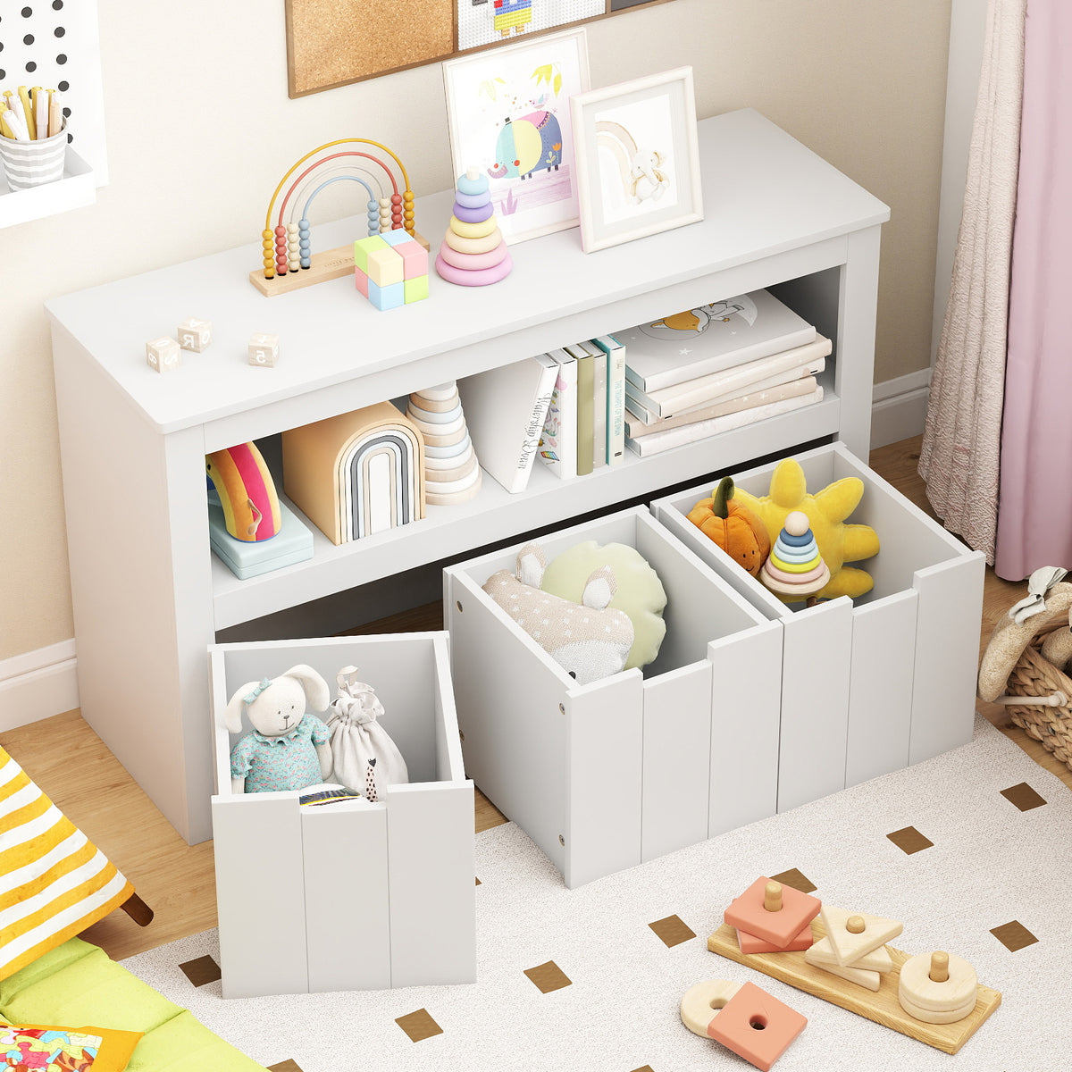 Kids Toy Storage Cabinet with 3 Movable Drawers and Large Storage Cube - White, Wheels Included