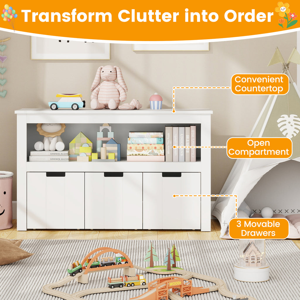 Kids Toy Storage Cabinet with 3 Movable Drawers and Large Storage Cube - White, Wheels Included