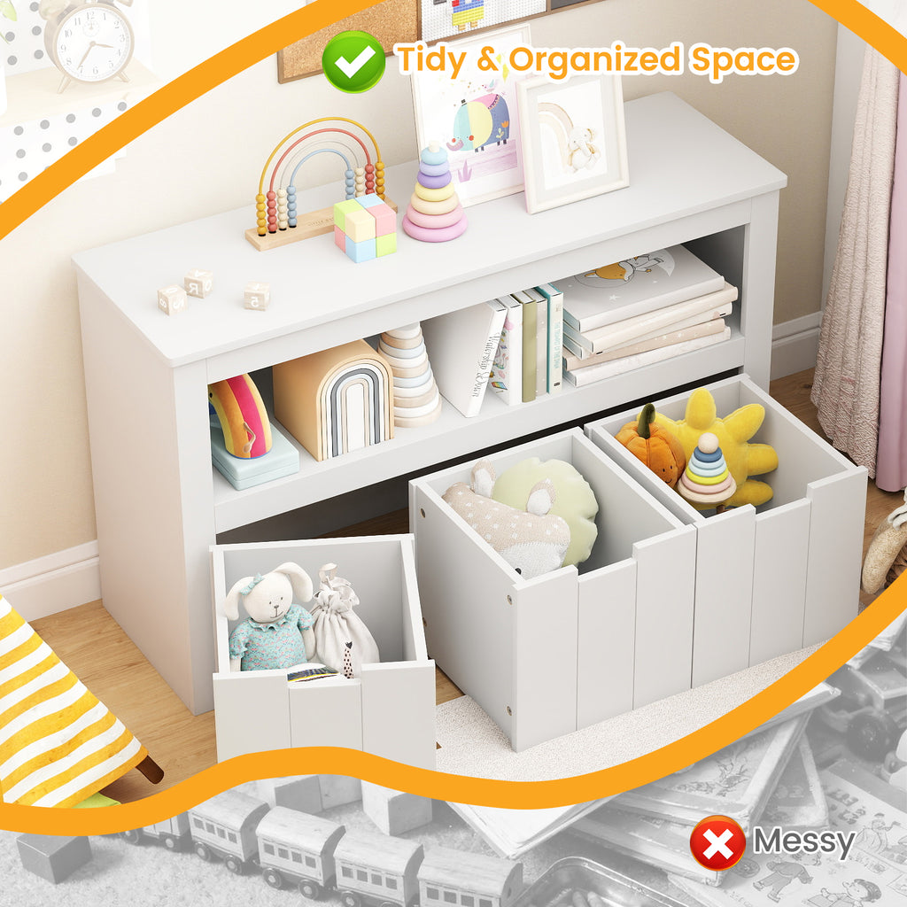 Kids Toy Storage Cabinet with 3 Movable Drawers and Large Storage Cube - White, Wheels Included