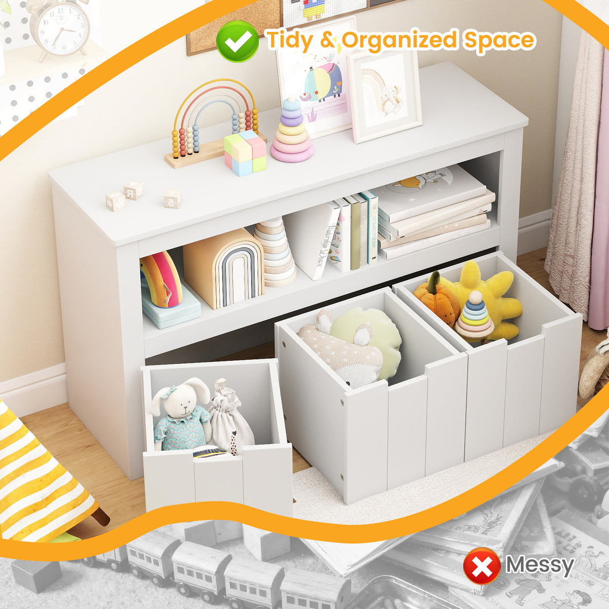 Kids Toy Storage Cabinet with 3 Movable Drawers and Large Storage Cube - White, Wheels Included