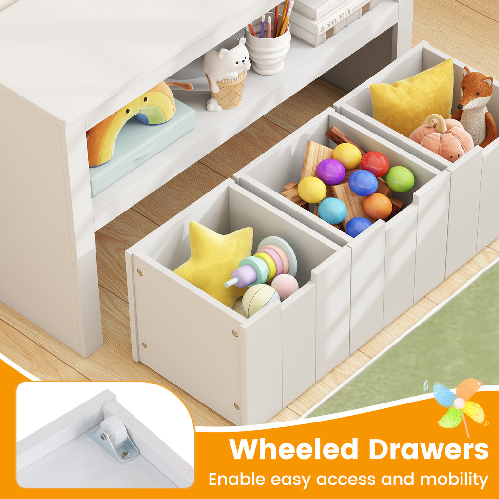 Kids Toy Storage Cabinet with 3 Movable Drawers and Large Storage Cube - White, Wheels Included
