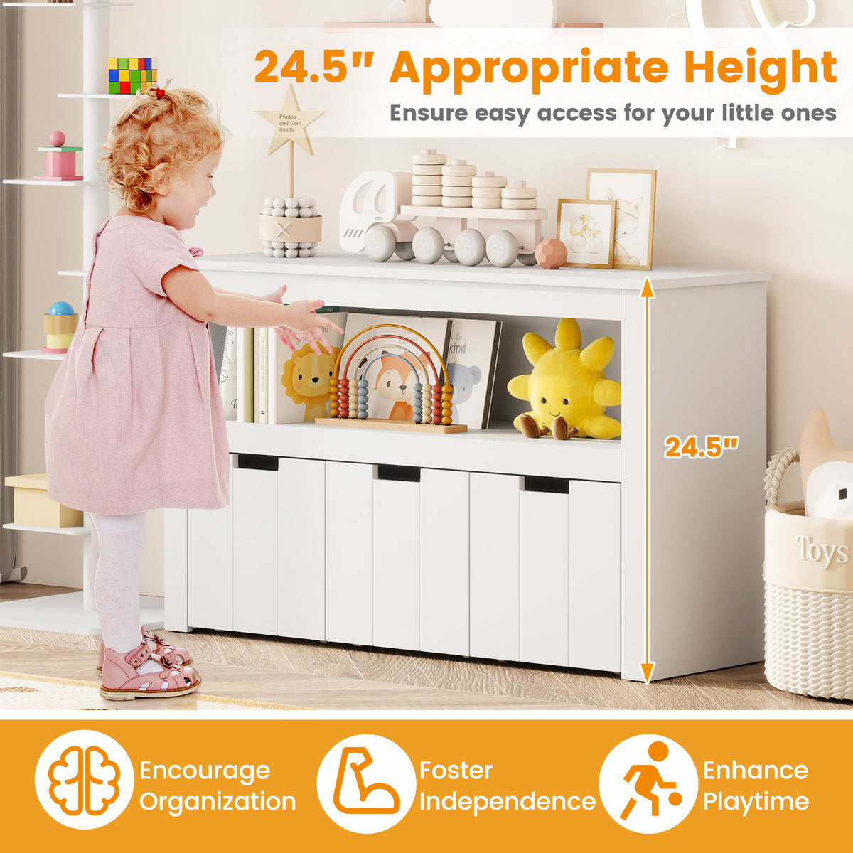 Kids Toy Storage Cabinet with 3 Movable Drawers and Large Storage Cube - White, Wheels Included