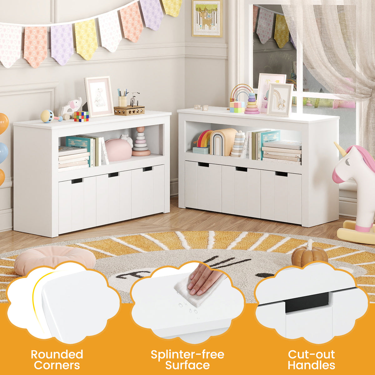 Kids Toy Storage Cabinet with 3 Movable Drawers and Large Storage Cube - White, Wheels Included