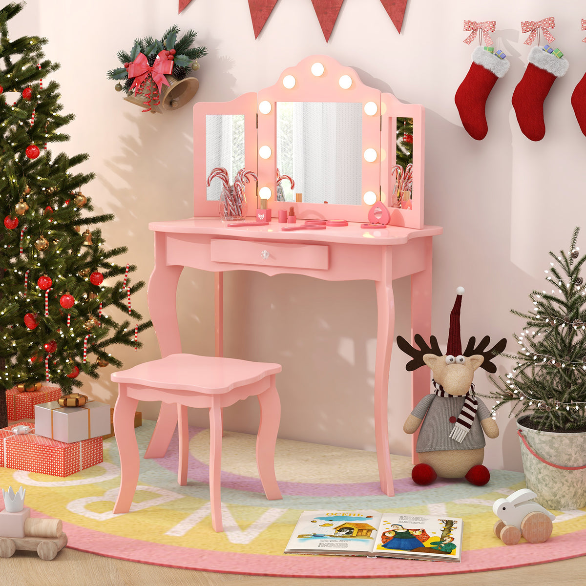 Kid Vanity Table Stool Set with Tri-Folding Mirror and Pink 3-Color LED Lights