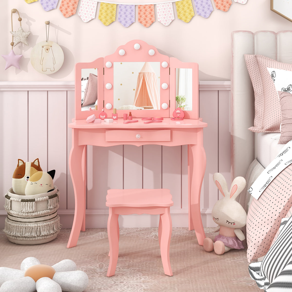 Kid Vanity Table Stool Set with Tri-Folding Mirror and Pink 3-Color LED Lights