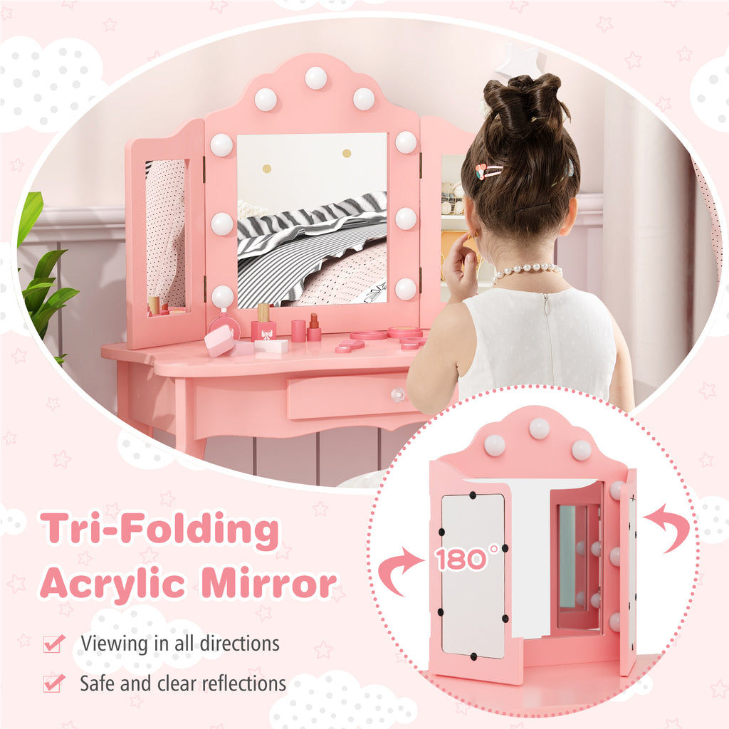 Kid Vanity Table Stool Set with Tri-Folding Mirror and Pink 3-Color LED Lights